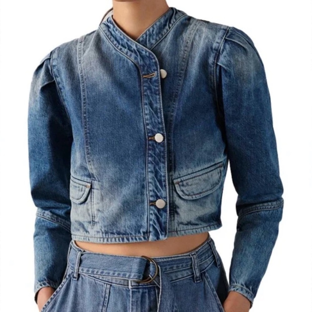 ba&sh‎ Daisy Jacket Blue Cropped Jean Jacket Band Collar Pockets Size XS